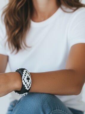 Black and White Southwest Woven Bangle Bracelet by Plunder Design